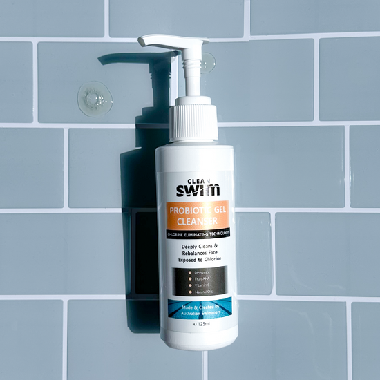 Clean Swim Pro-Biotic Gel Face Cleanser, 125ml bottle, gentle cleanser for swimmers that removes chlorine and impurities, balances skin with probiotics