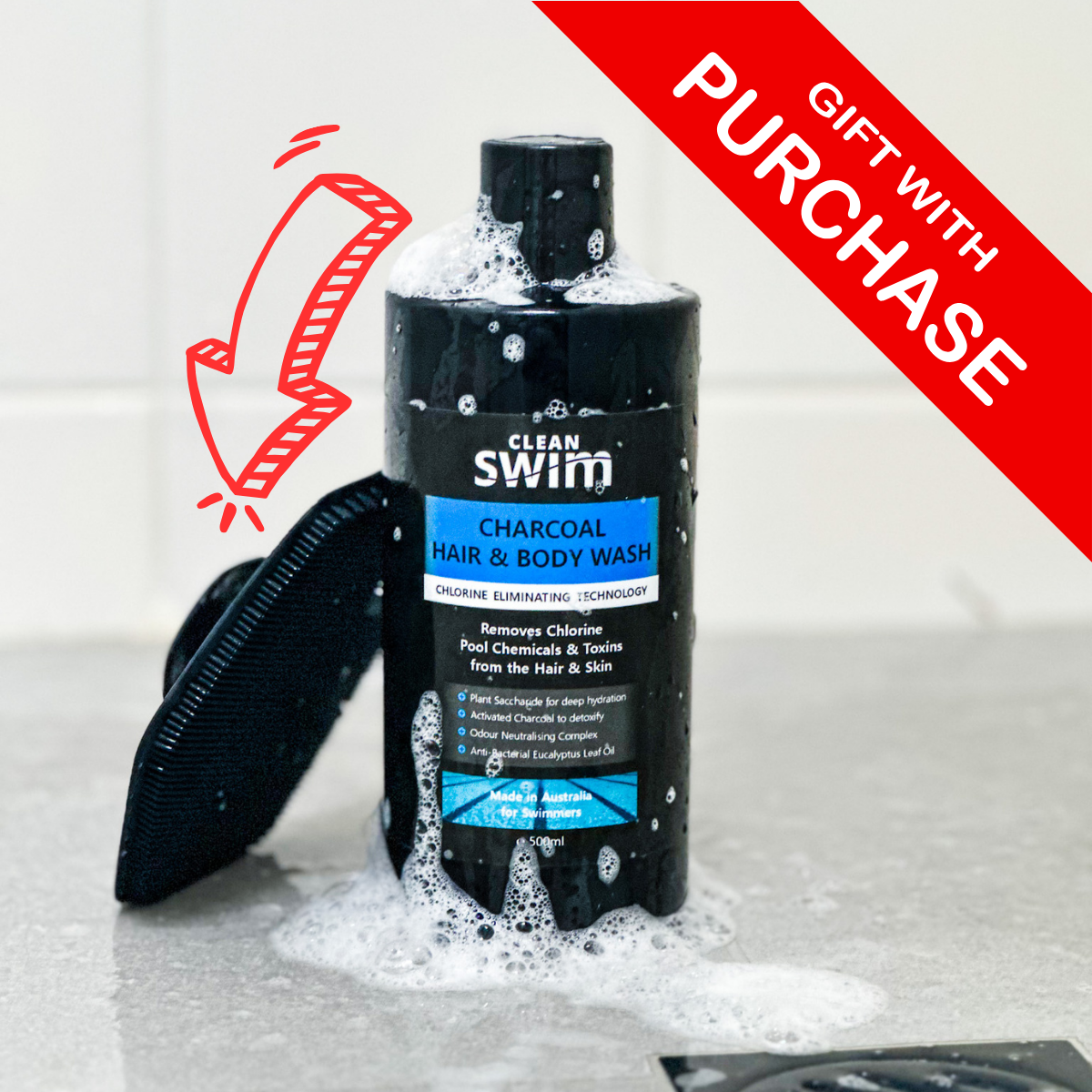 Activated Charcoal Body Wash 500ml + FREE Body Scrubber | Chlorine Removal